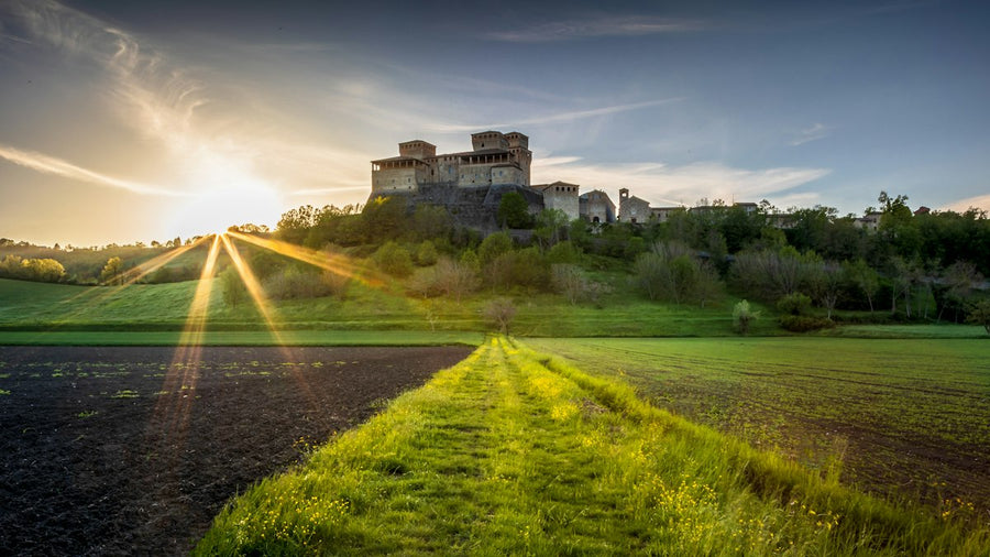 Campiña de Parma con un castillo sobre la colina